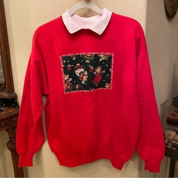 Vintage HANES Women Red Cat & Mouse Xmas Holidays Collar Sweatshirt Size Large - Picture 1 of 8